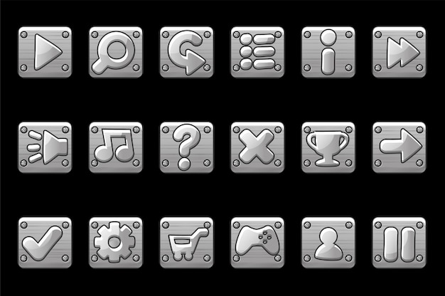 Boutons Carrés Gris Métallisés Pour L'interface Graphique Du Jeu. Ensemble D'icônes D'application De Signes Pour L'interface Utilisateur.