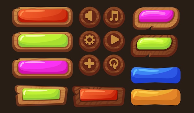 Vecteur boutons du panneau de l'interface utilisateur caricature de bouton de signe de jeu pour l'interface de jeu éléments de conception de menu de panneau web de planches en bois