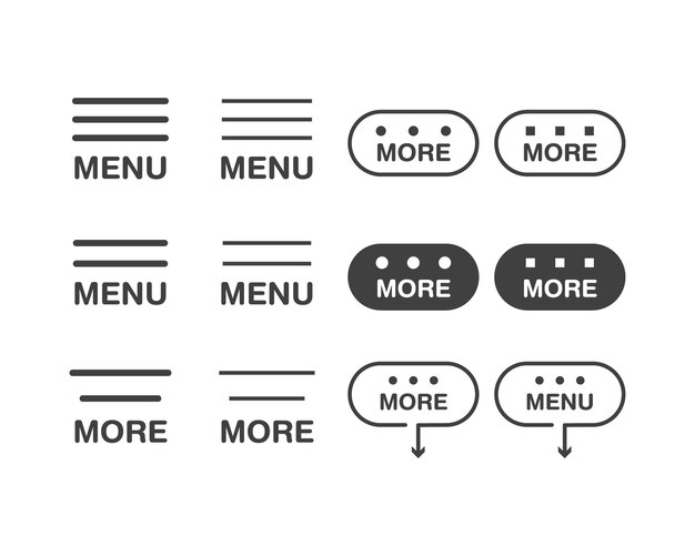 Les boutons de l'icône du menu hamburger, la navigation de l'interface utilisateur, l'application mobile, les éléments vectoriels, les icônes d'interface de l'utilisateur.