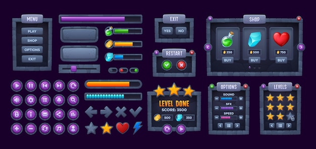 Boutons d'interface de jeu en pierre panneaux ou barres de menu