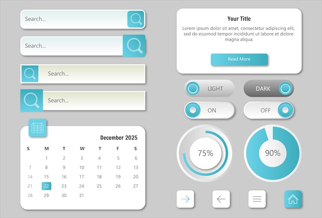 Boutons De L'interface Utilisateur De L'interface Utilisateur Neumorphique Barres Et Commutateurs De Recherche Kit Ux Vectoriel Pour Application Mobile Web Médias Sociaux Avec Bouton De Volume Boutons Et Curseurs Barre D'action Et Calendrier