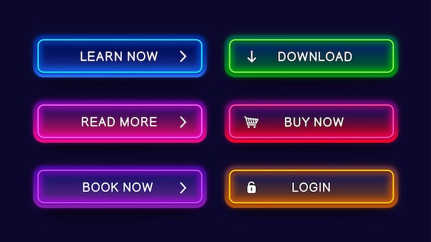 Boutons de néon lumineux à la mode pour la conception de sites Web Boutons de néon vectoriels abstraits isolés sur fond sombre Élément de concept Web prêt pour le site Web