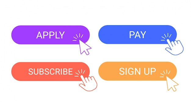 Boutons De Participation En Ligne. Postulez, Abonnez-vous Et Payez L'inscription En Appliquant Le Bouton De Formulaire Numérique. Pointeur Du Curseur Cliquant Sur L'ensemble De Symboles Des Boutons De Participation