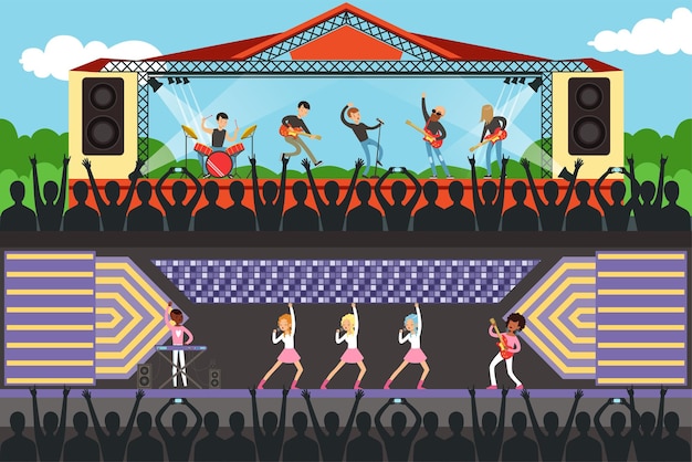 Vecteur boys and girls music bband se produisant sur scène devant la foule set silhouettes du jeune public venant au concert illustration vectorielle