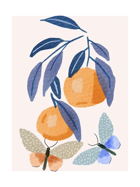 Branche De Fruits Orange Aquarelle Avec Feuilles Et Papillons Volants Nature Contemporaine Dessinée à La Main