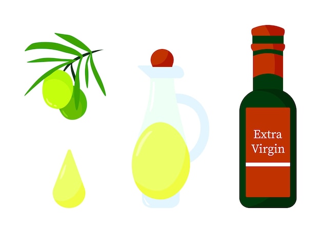 Branche d'olivier vert avec fruits et illustration de dessin animé de bouteille d'huile d'olive isolée sur fond blanc Concept d'aliments sains biologiques frais et colorés de vecteur Élément de conception de logo de marque Jeu d'icônes d'olives