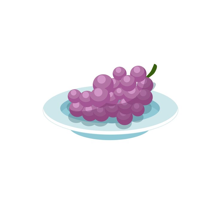 Branche plate de dessin animé de vecteur de raisins sur plaque isolée sur fond vide, régime équilibré, alimentation saine et concept de cuisson des aliments, conception d'annonces de bannière de site Web