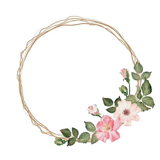 Branche De Rose En Fleurs Aquarelle Avec Cadre Rond De Couronne De Bouquet De Fleurs De Brindilles Sèches