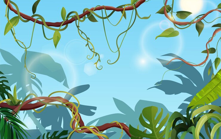 Branches sinueuses de liane ou de vigne avec fond de feuilles tropicales