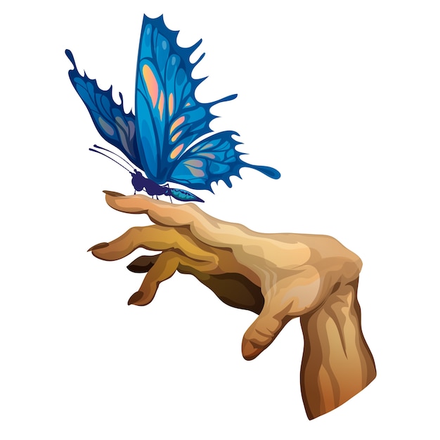 Bras courbé tendu avec un gros papillon bleu assis sur l'illustration du doigt