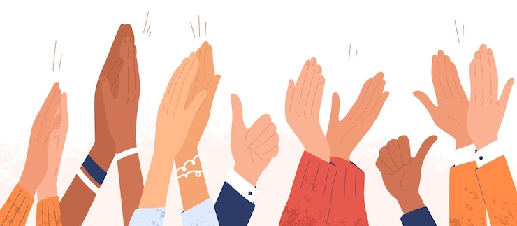 Vecteur bras de diverses personnes applaudissant l'illustration vectorielle. homme et femme colorés frappant des mains isolés sur fond blanc. un public multinational démontre un geste de salutation, d'ovation ou d'encouragement.