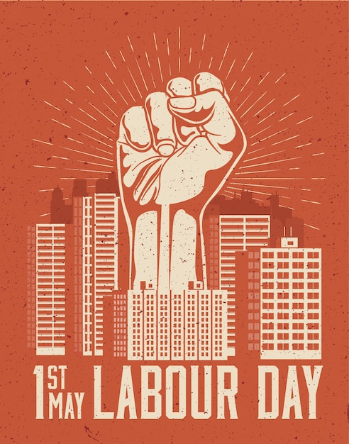 Le bras géant levé au-dessus du paysage urbain rouge. Concept d'affiche de la fête du Travail du 1er mai. illustration