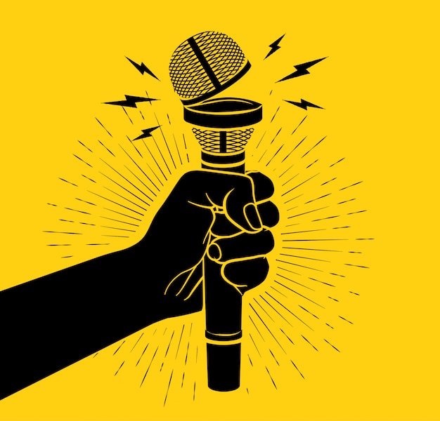 Vecteur bras noir silhouette tenant le microphone avec une tasse ouverte. concept de micro ouvert. sur fond jaune. illustration