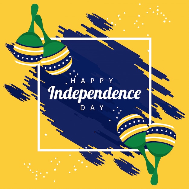 Brésil Joyeuse Fête De L'indépendance Avec Drapeau Et Maracas