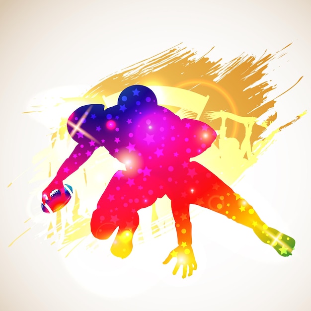 Bright Rainbow Silhouette Joueur De Football Américain Et Fans Sur Fond Grunge, Illustration Vectorielle