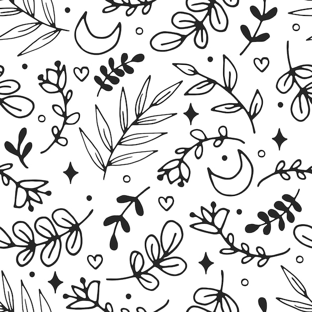 Brindilles et fleurs doodle contour noir Modèle sans couture Illustration vectorielle