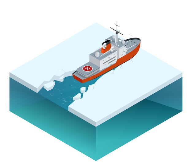 Vecteur brise-glace à propulsion nucléaire isométrique naviguant dans la glace. navire sur la glace en mer. illustration vectorielle