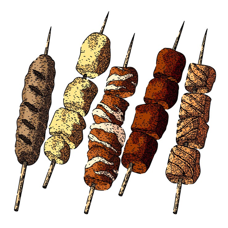 Vecteur brochettes de nourriture ensemble croquis vecteur dessiné à la main