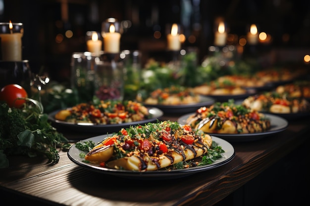 Vecteur des brochettes de poulet grillées avec des épices et des légumes dans une casserole sur un fond noir