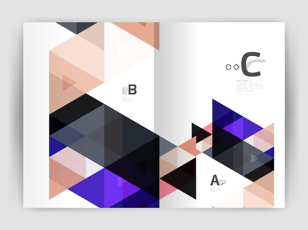 Brochure ou dépliant d'entreprise moderne Modèle de couverture A4 Abstrait avec triangles de couleur rapport annuel impression toile de fond Conception vectorielle pour les options de numéro de diagramme de mise en page de flux de travail ou la conception de sites Web