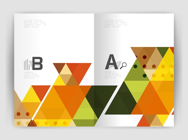 Brochure ou dépliant d'entreprise moderne Modèle de couverture A4 Abstrait avec triangles de couleur rapport annuel impression toile de fond Conception vectorielle pour les options de numéro de diagramme de mise en page de flux de travail ou la conception de sites Web