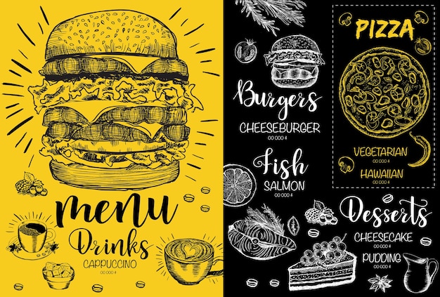 Brochure du menu du restaurant Flyer avec graphique dessiné à la main