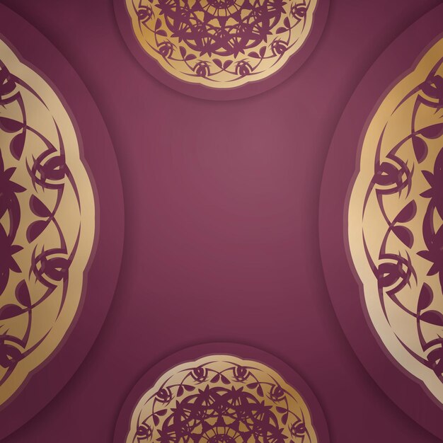 Brochure de félicitations en couleur bordeaux avec un mandala avec des ornements en or pour votre conception.