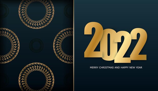 Vecteur brochure festive 2022 joyeux noël bleu foncé avec motif doré luxueux