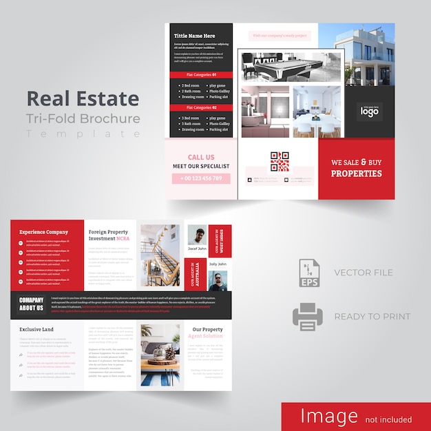 Brochure rouge à trois volets pour entreprise immobilière