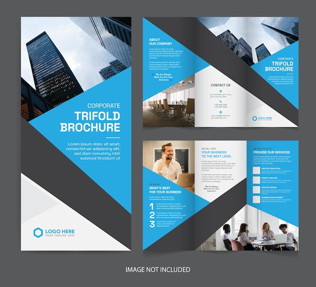 Brochure à trois volets d'entreprise moderne. Disposition simple et abstraite avec la couleur bleue