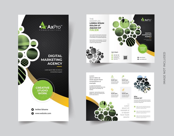 Vecteur brochure à trois volets sombres avec cricle
