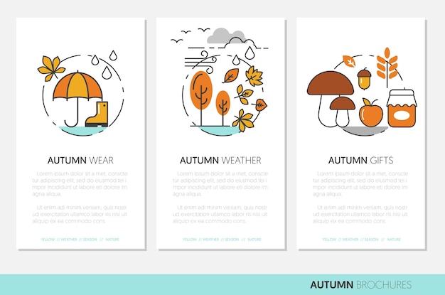 Brochures D'affaires D'automne De Fine Ligne Avec Des Cadeaux D'automne Pour Le Temps Pluvieux Et La Nature. Illustration