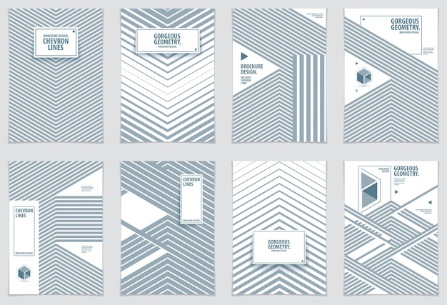 Brochures, dépliants, affiches de modèles minimalistes modernes. Ensemble d'arrière-plans abstraits de motifs géométriques vectoriels. Illustrations géométriques texturées à rayures. Format d'impression A4.