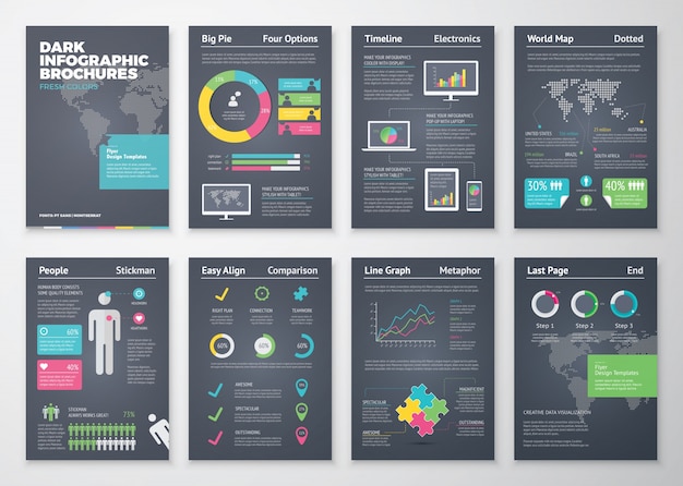 Brochures Infographiques Plates Colorées Avec Fond Sombre