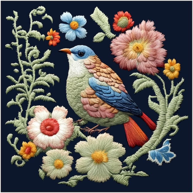 Vecteur une broderie colorée avec des fleurs et un oiseau dessus