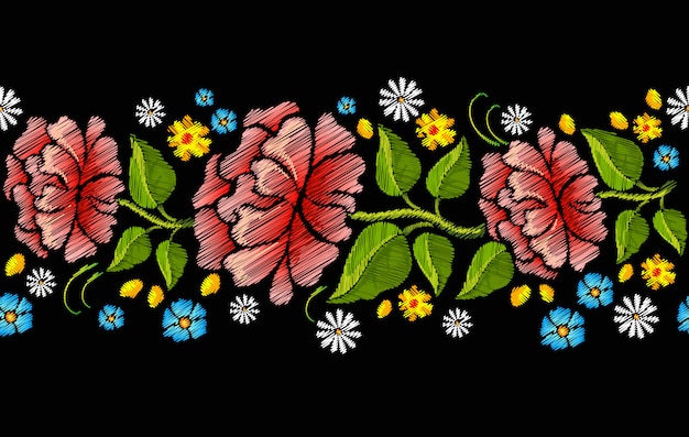 Vecteur broderie colorée transparente avec des fleurs.