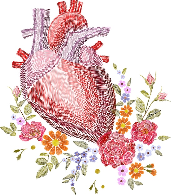 Broderie Crewel Coeur Anatomique Humain Médecine Organe Fleur Rose Floraison. Patch Détaillé De Texture De Conception Brodée Au Point Rouge. Illustration Vectorielle De Mode Décoration Modèle.