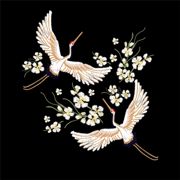 Vecteur broderie motif floral coloré avec des fleurs de sacura grue blanche japonaise