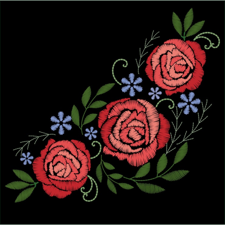 Vecteur broderie rose rouge avec des fleurs bleues sur fond noir.