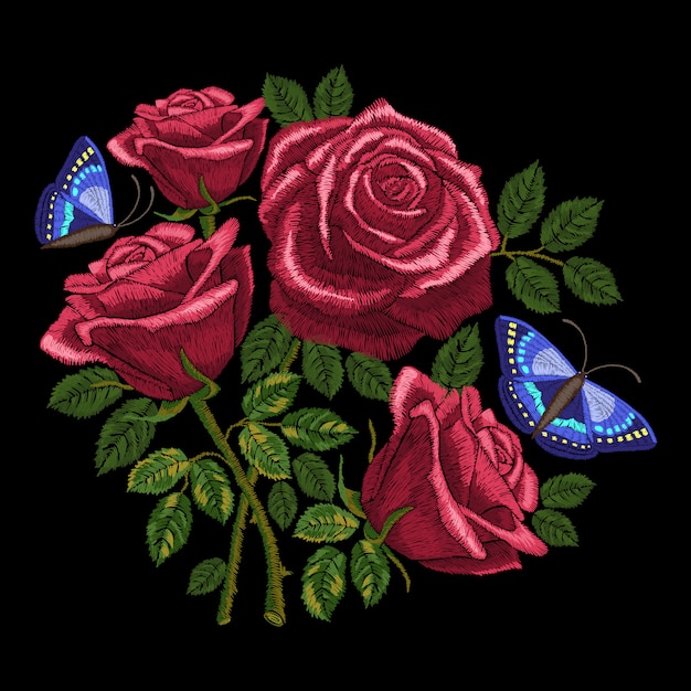 Vecteur broderie de roses rouges, bouquet de fleurs et feuilles de papillons. imitation de point satin