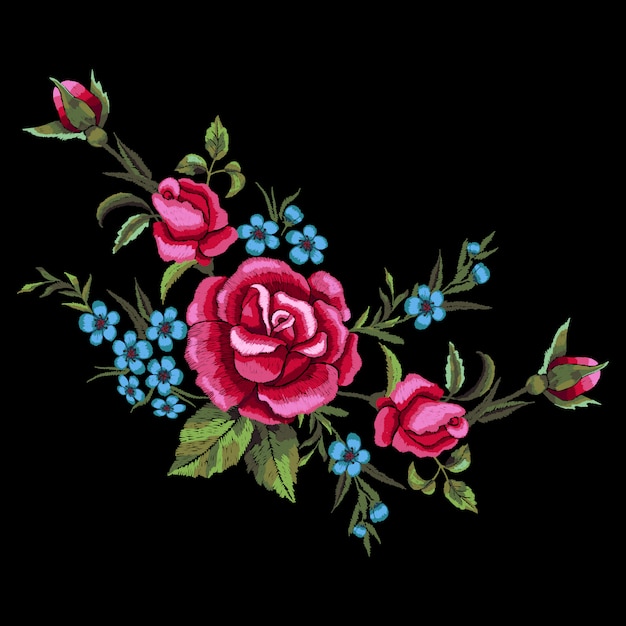 Broderie de roses rouges et de fleurs bleues.