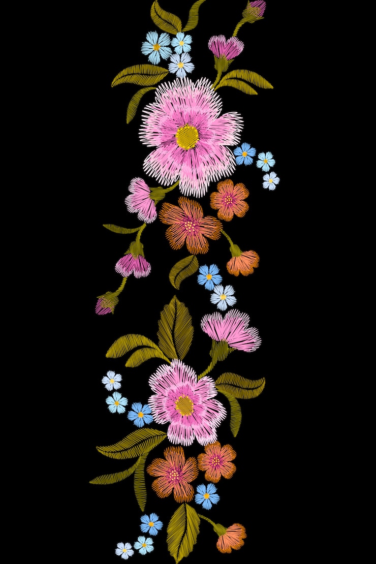 Vecteur broderie tendance floral frontière transparente petites branches herbe rose