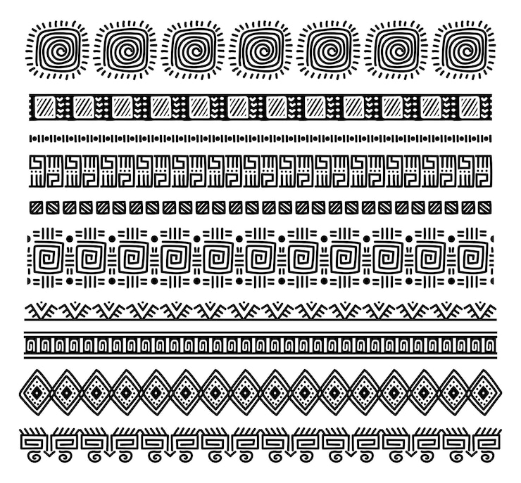 Vecteur brosses tribales africaines sans couture bordure ornementale dessinée à la main séparateurs anciens isolés sur un ensemble blanc motif traditionnel créatif