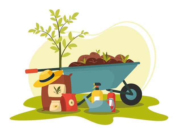 Une brouette avec de la terre et des fournitures de jardinage