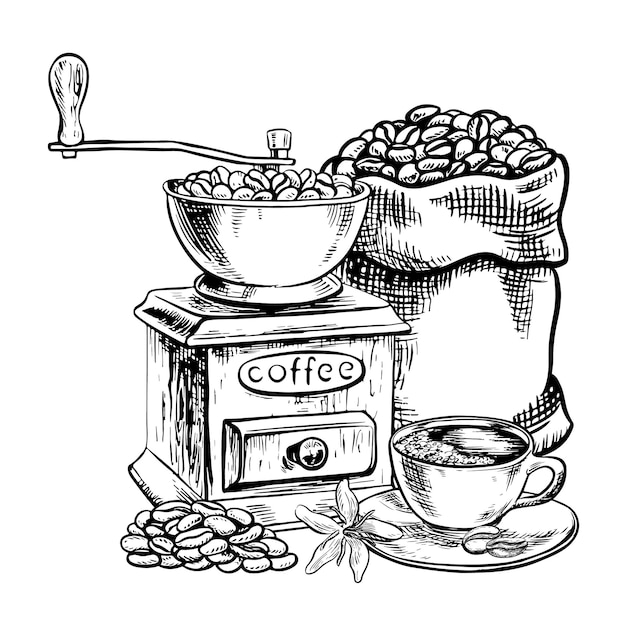 Vecteur un broyeur de café antique un sac de haricots et une tasse de café illustration graphique vectorielle