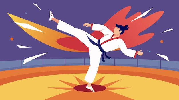 Vecteur le bruit des planches qui s'écrasent résonne dans l'arène alors qu'un compétiteur de taekwondo exerce une puissante