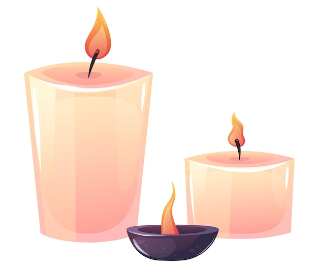 Brûler des bougies aromatiques enflammées pour une thérapie relaxante au spa isolée sur la collection de jeu de fond blanc