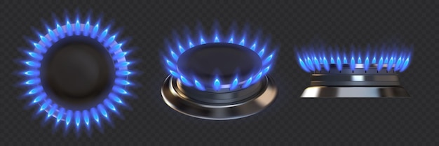 Brûleur à gaz Réchaud à feu bleu réaliste Flamme d'appareil de cuisine pour la cuisson des aliments Vue de dessus et de côté du brasier brûlant sur fond transparent Chauffage du four vectoriel au propane