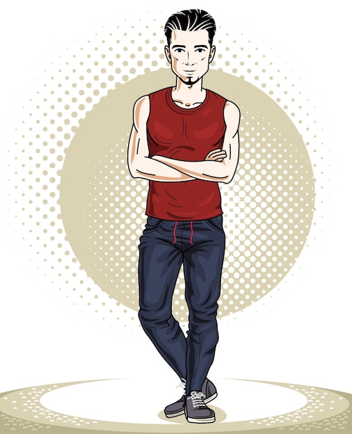 Vecteur brunet athlétique jeune homme adulte debout. personnage de vecteur avec barbe portant des vêtements de sport, mode de vie sain et thème de remise en forme.