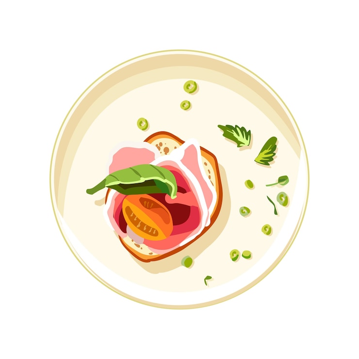 Vecteur bruschetta appétissante avec de la viande et de la laitue sur une assiette de porcelaine des légumes sur un pain grillé nourriture saine